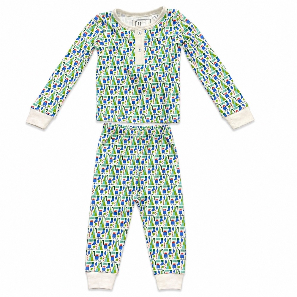 Lila and Hayes Kids Christmas Pajama Set 100% Pima‎ Cotton Blue Green 6-12M NWT